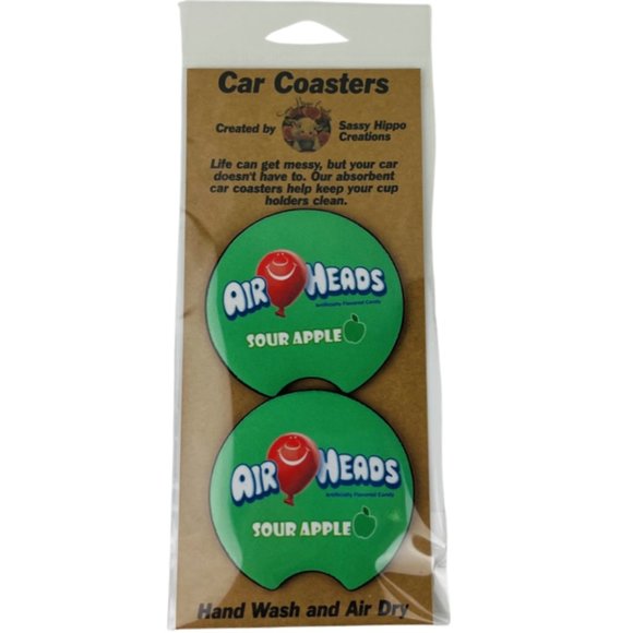 Car Coasters Air Heads Sour Apple Candy Snack Junk Food Set of 2 Neoprene Absorb - Picture 1 of 9